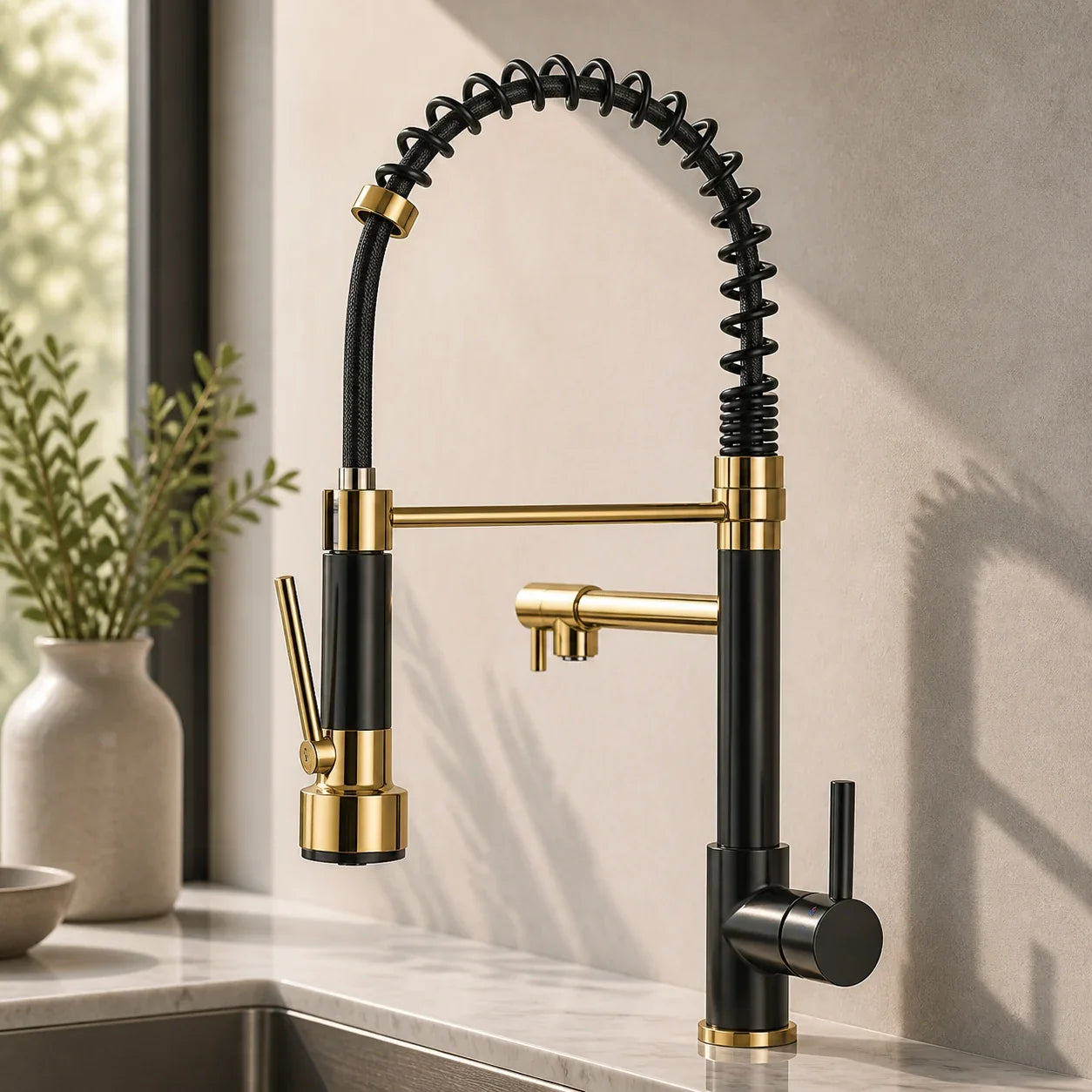 Torneira Gourmet Cozinha com Extensor Preto com Dourado Quente e Fria