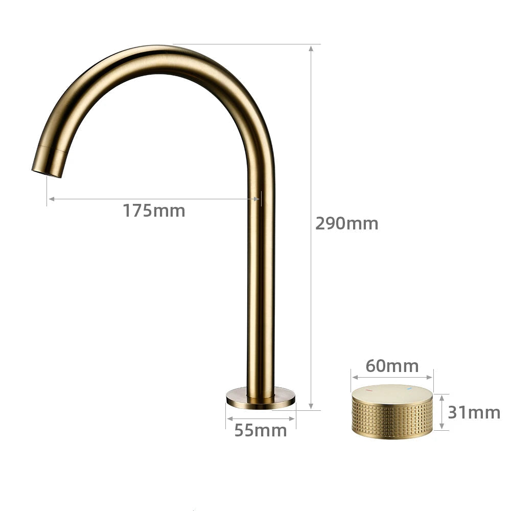 Torneira Misturador Banheiro Cascata Bancada 360° Aço Inox 2 Furos Dourado Escovado