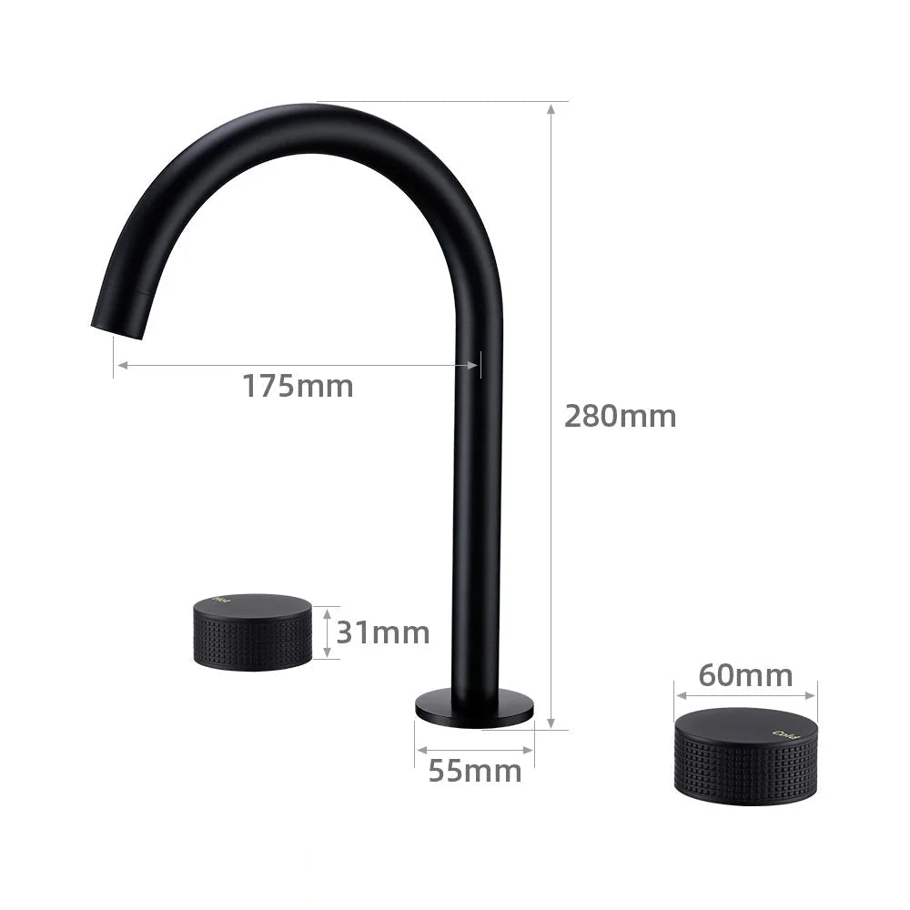 Torneira Misturador Banheiro 3 Furos Preto Fosco com Bica 360°