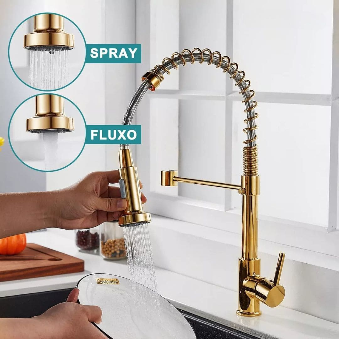 Torneira Gourmet Cozinha com Extensor Dourada Quente e Fria