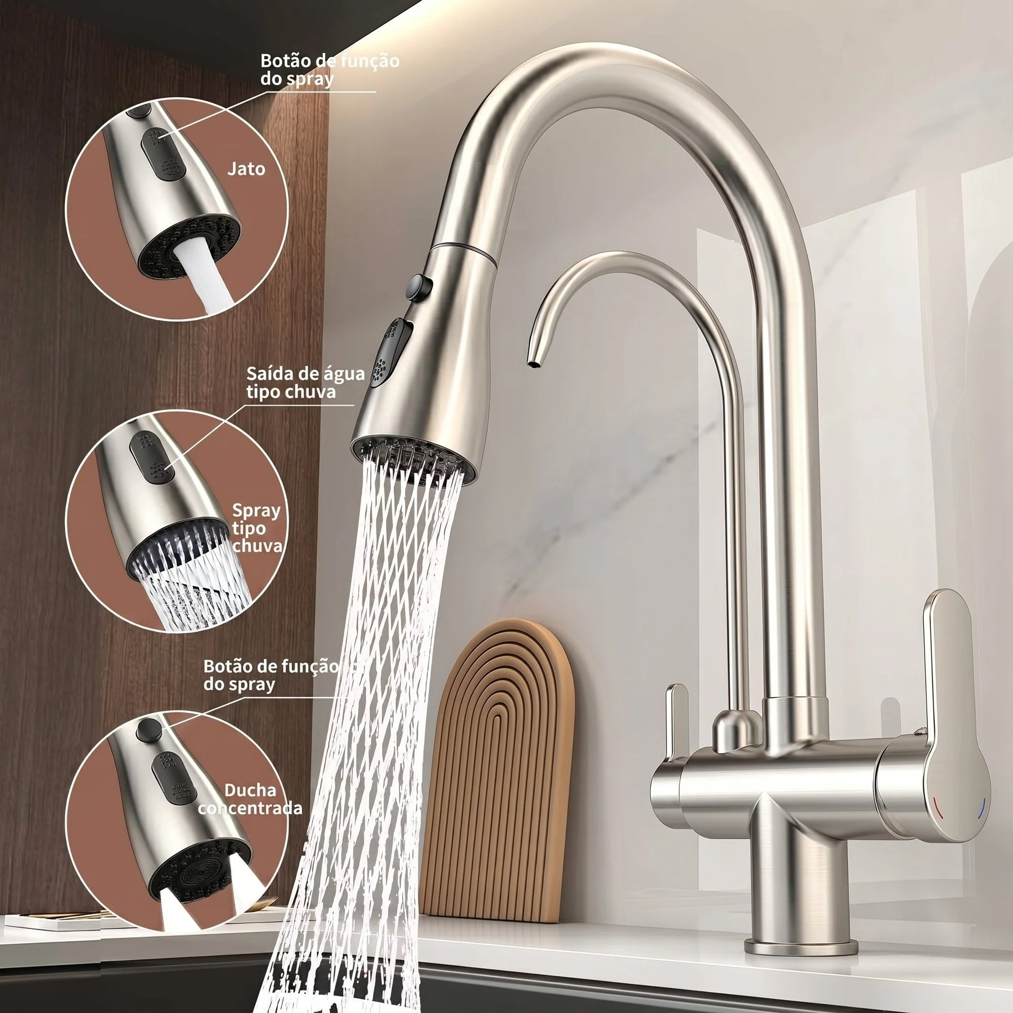 Torneira Para Cozinha Gourmet Monocomando Dupla Função Filtro Jato Extensível Aço Escovado