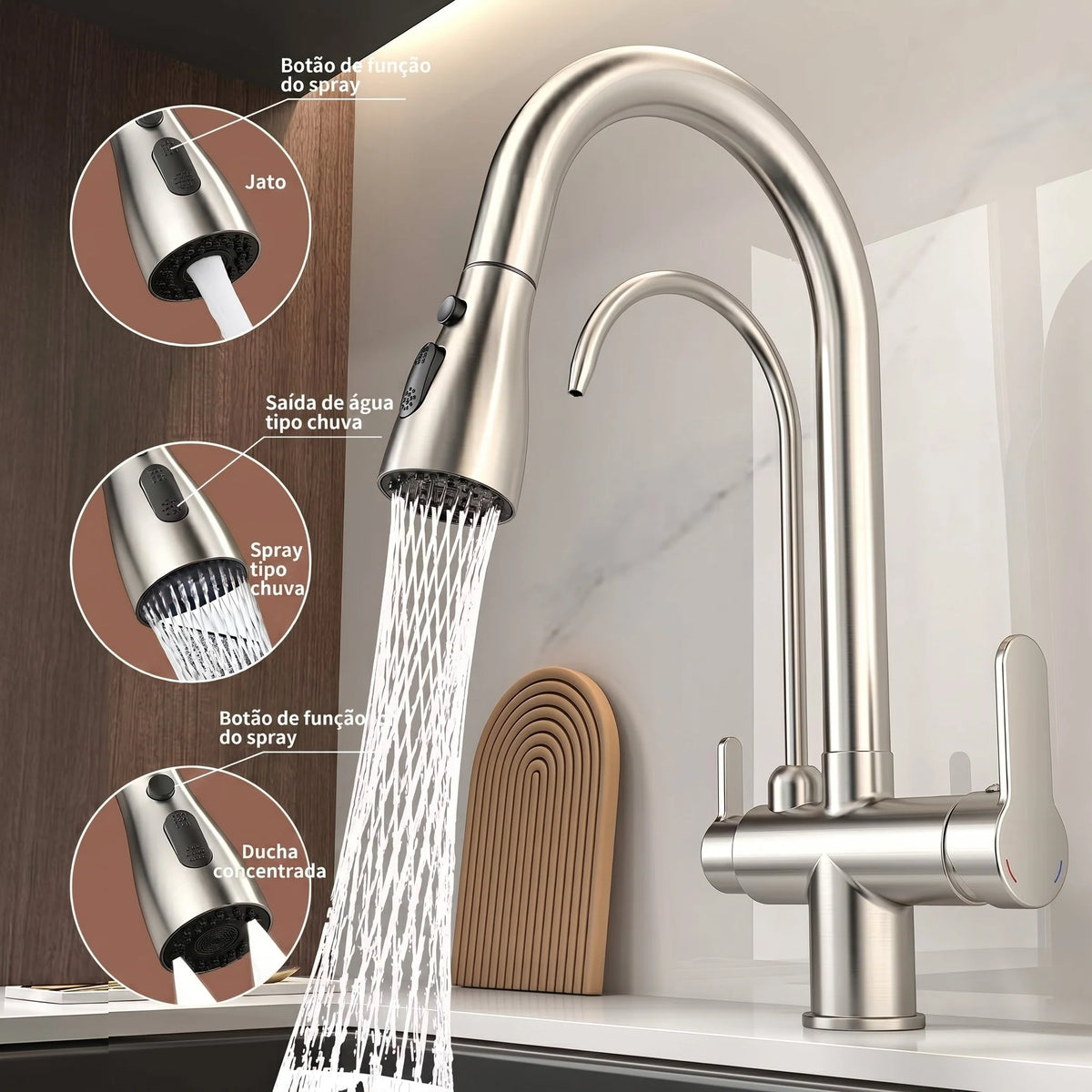 Torneira Para Cozinha Gourmet Monocomando Dupla Função Filtro Jato Extensível Aço Escovado