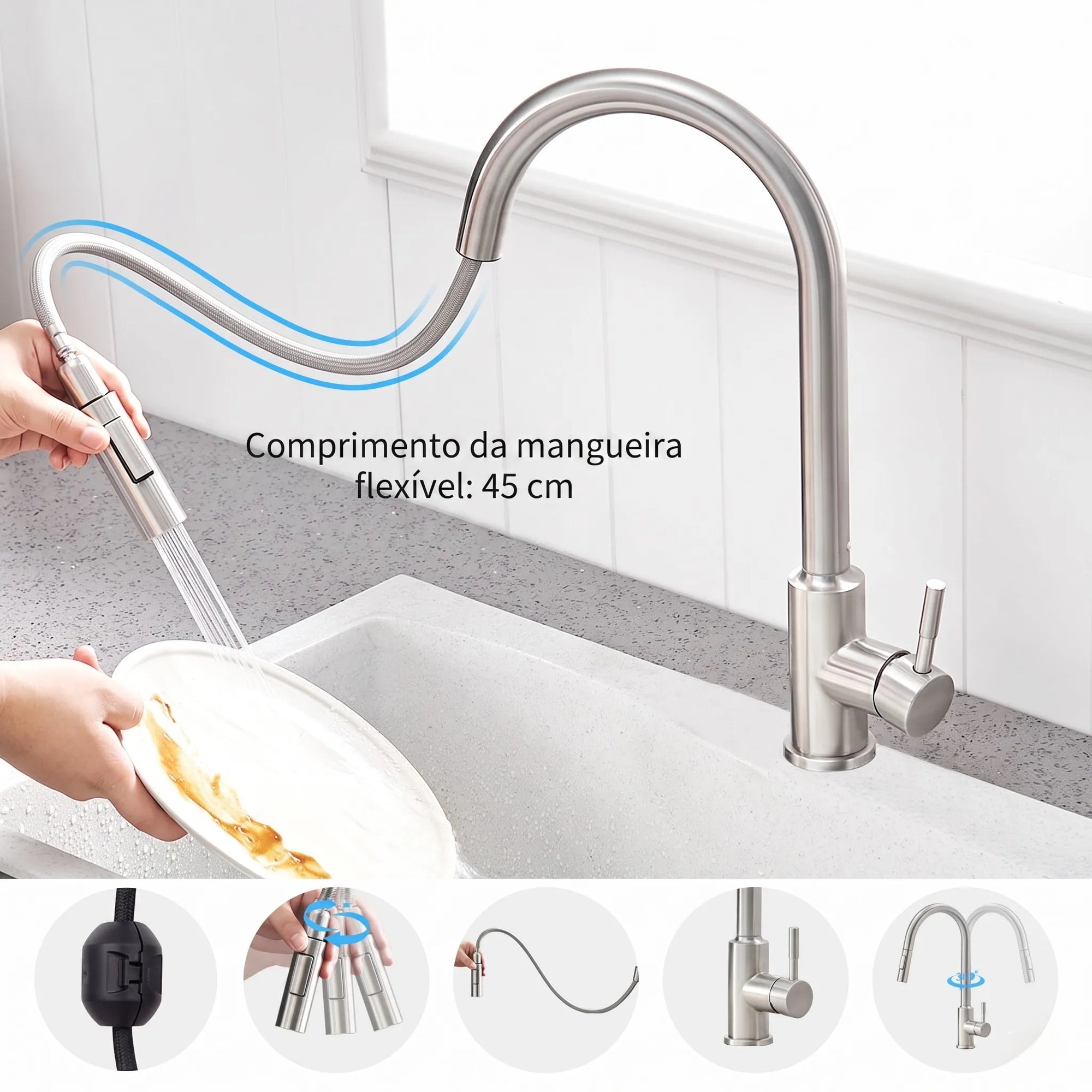 Torneira Monocomando para Cozinha Touch 360 Níquel Escovado