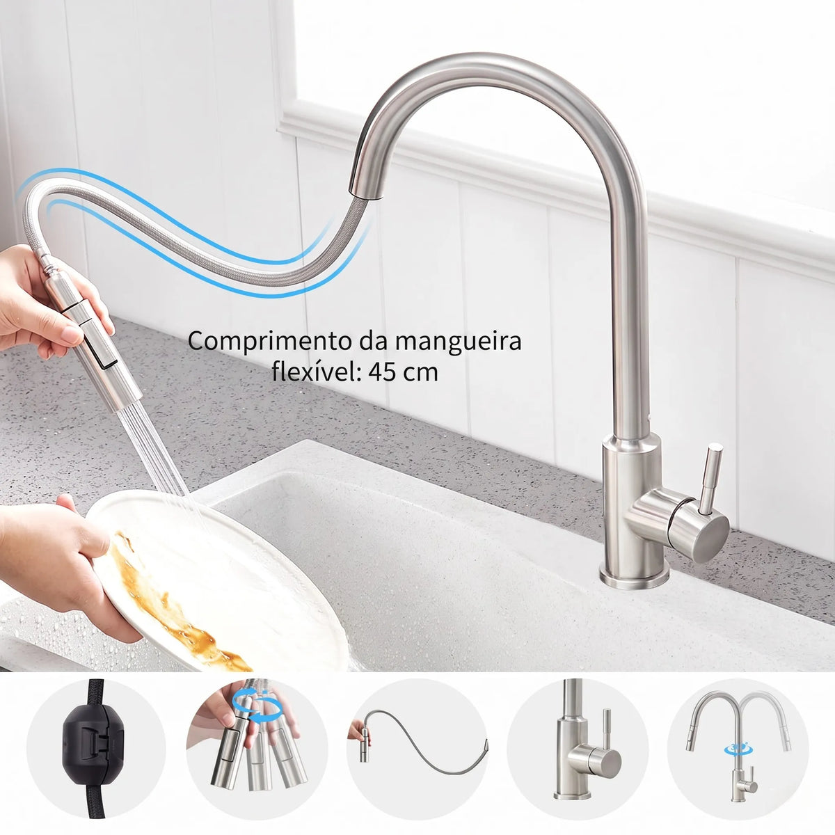 Torneira Monocomando para Cozinha Touch 360 Níquel Escovado