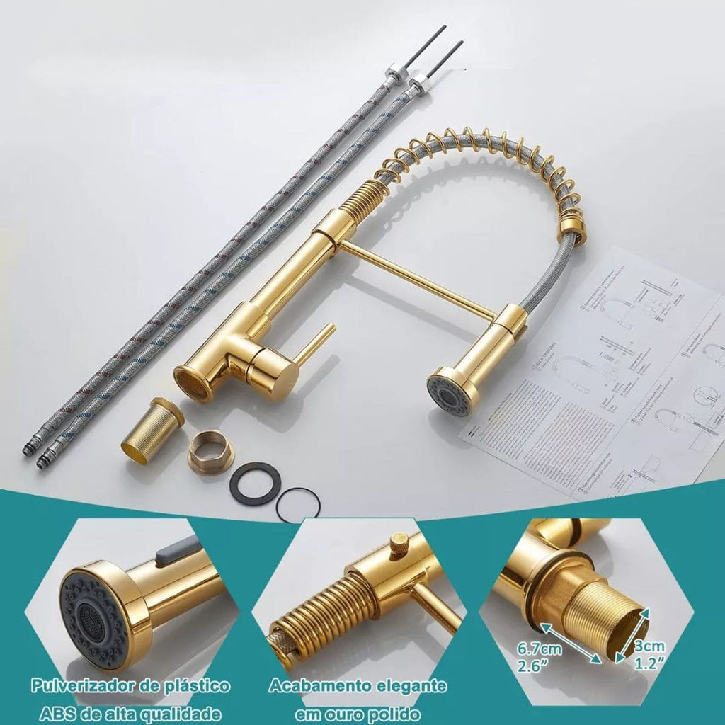 Torneira Gourmet Cozinha com Extensor Dourada Quente e Fria