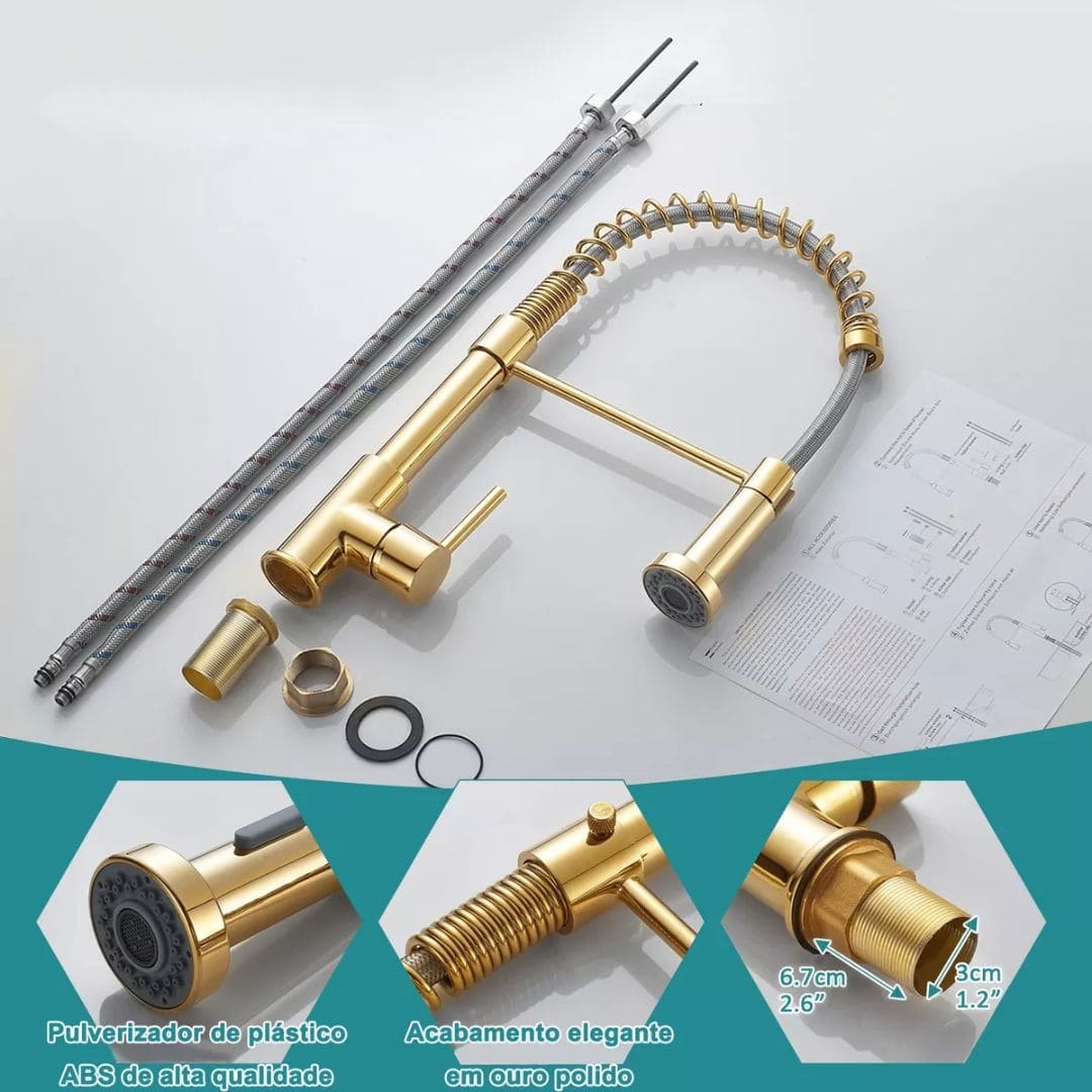 Torneira Gourmet Cozinha com Extensor Dourada Quente e Fria
