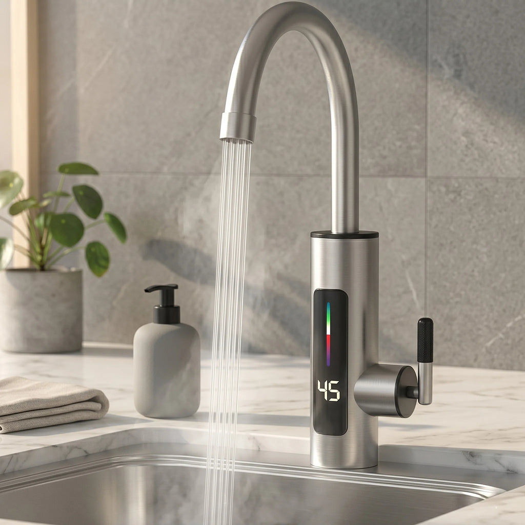 Torneira Elétrica Para Cozinha e Banheiro Com Visor de Temperatura Regulagem e Giratória 360° Aço Inoxidável