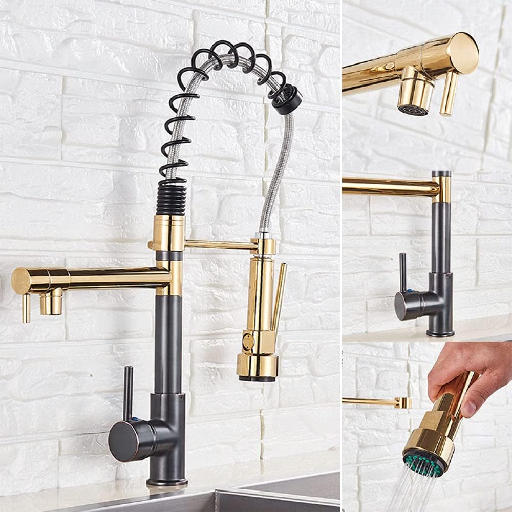 Torneira Gourmet Cozinha com Extensor Preto com Dourado Quente e Fria