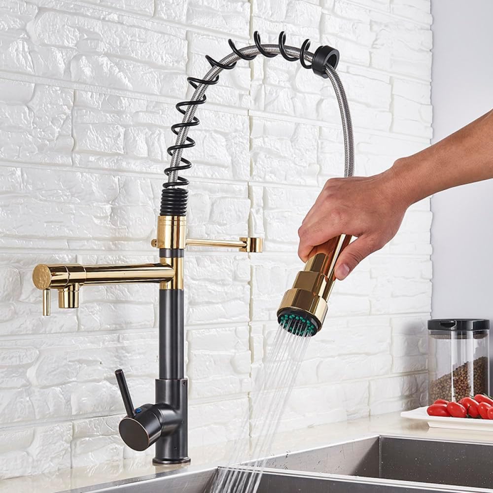 Torneira Gourmet Cozinha com Extensor Preto com Dourado Quente e Fria
