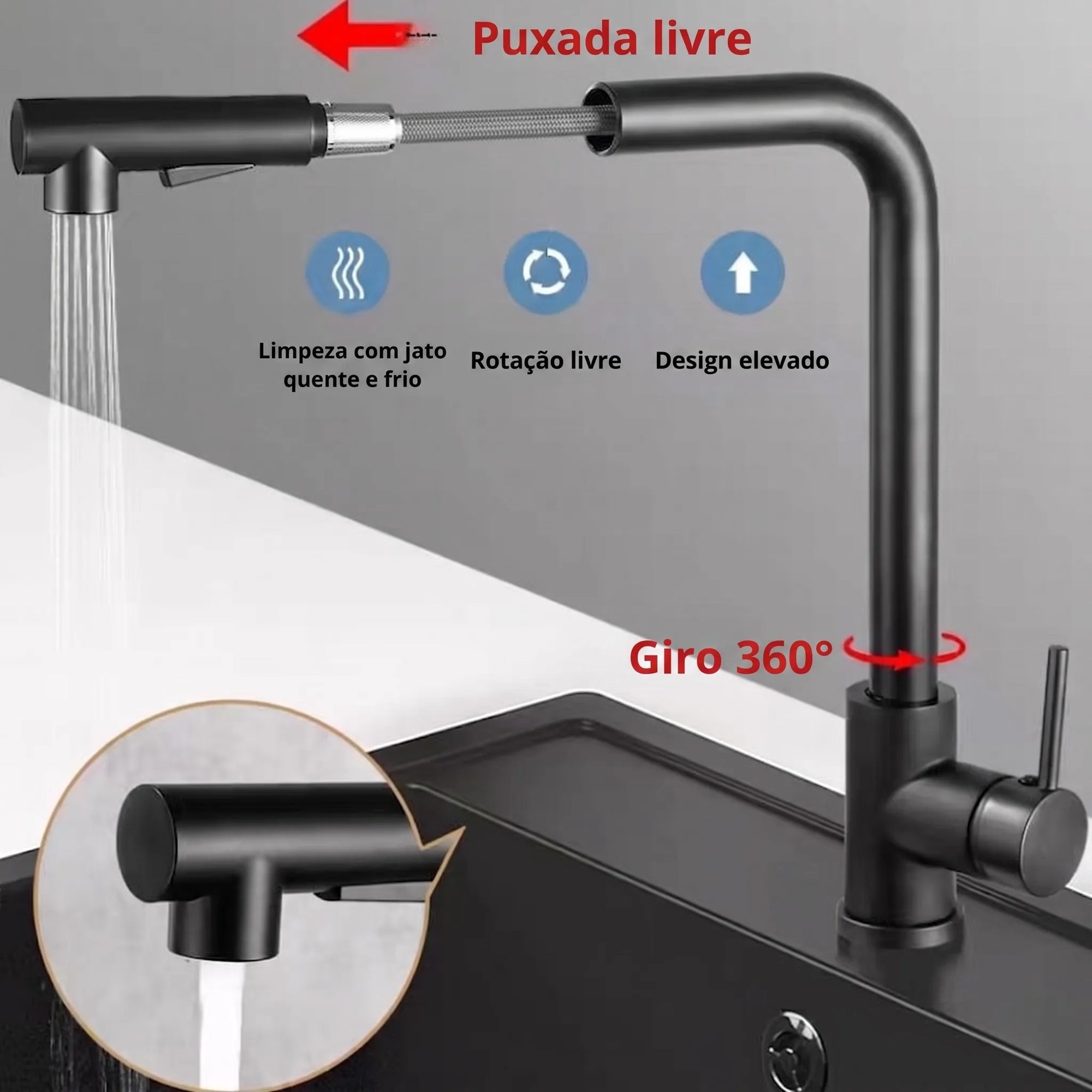 Torneira Gourmet Retratil 360 Monocomando Preto Fosco para Cozinha