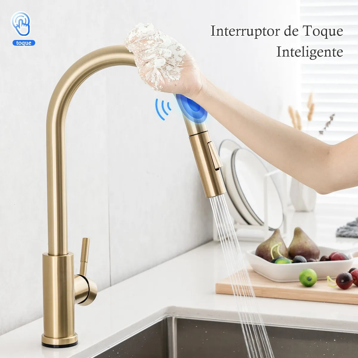 Torneira Para Cozinha Monocomando Com Misturador Dourado Escovado