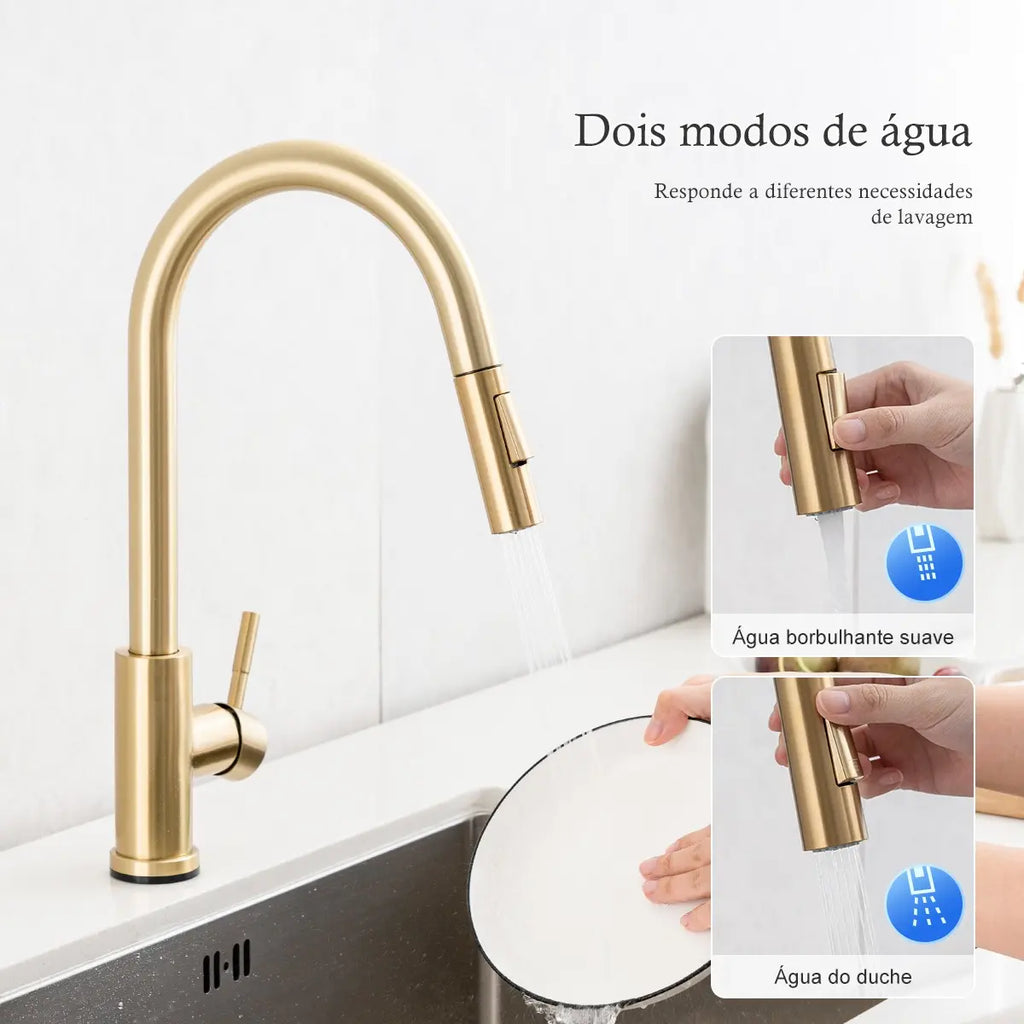 Torneira Para Cozinha Monocomando Com Misturador Dourado Escovado