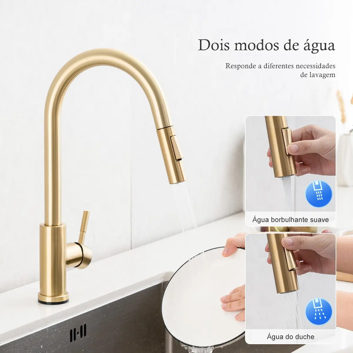 Torneira Para Cozinha Monocomando Com Misturador Dourado Escovado
