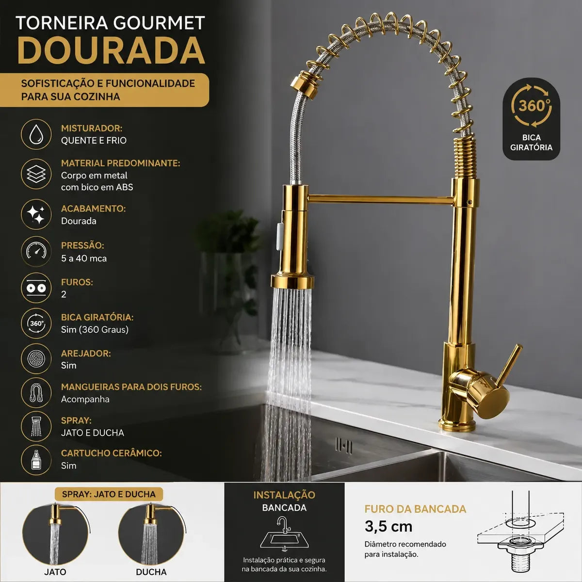 Torneira Gourmet Cozinha com Extensor Dourada Quente e Fria