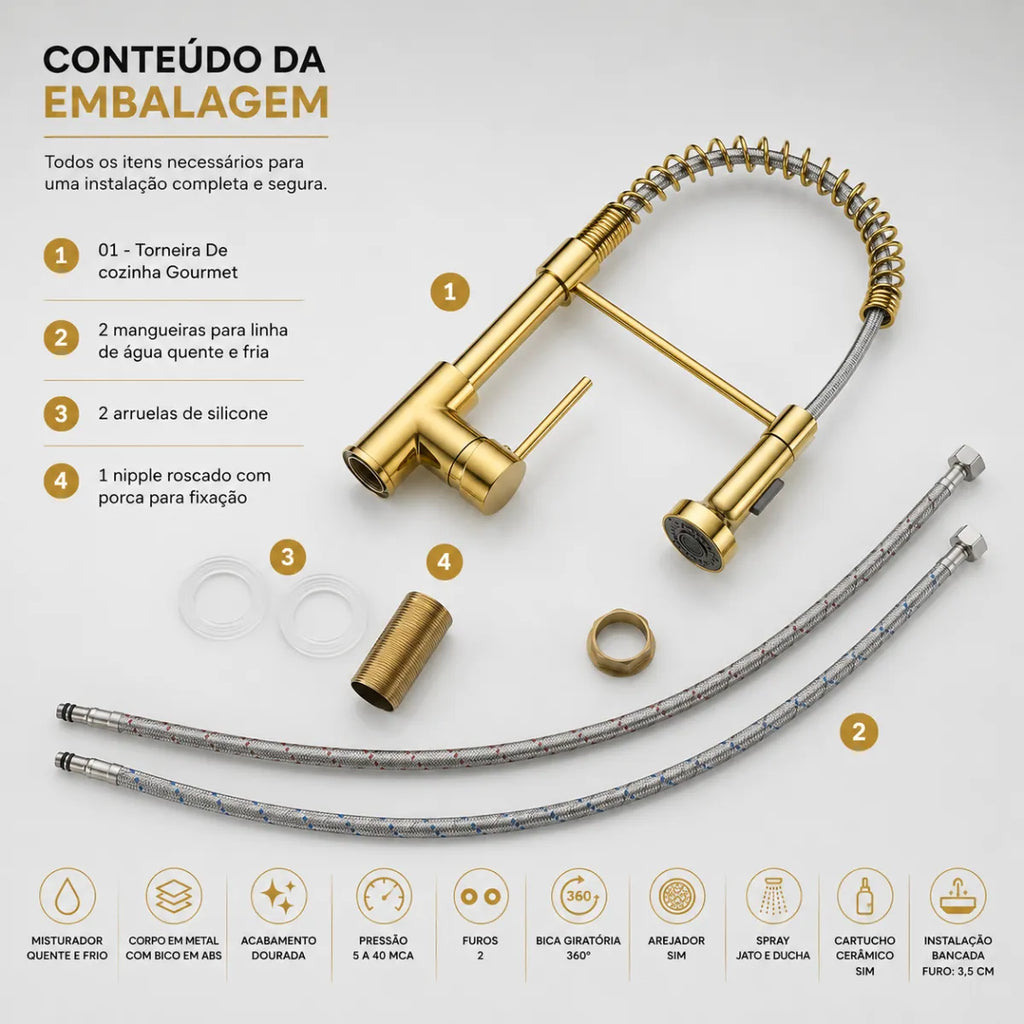Torneira Gourmet Cozinha com Extensor Dourada Quente e Fria