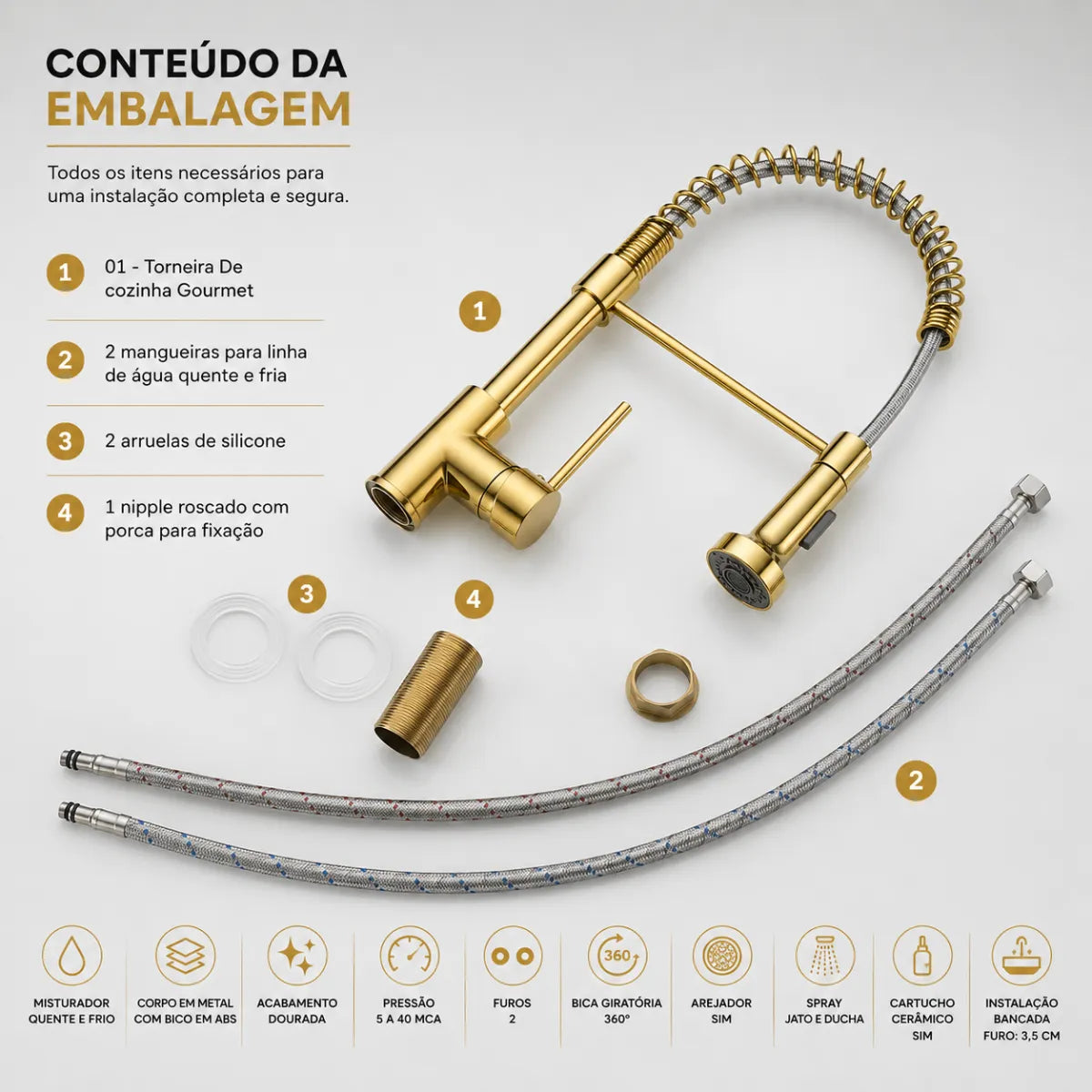 Torneira Gourmet Cozinha com Extensor Dourada Quente e Fria