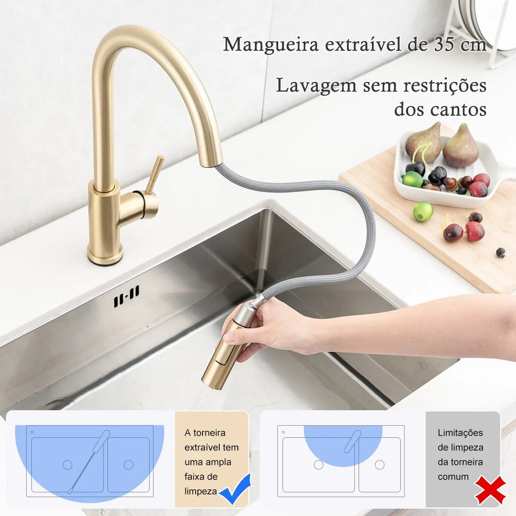 Torneira Para Cozinha Monocomando Com Misturador Dourado Escovado