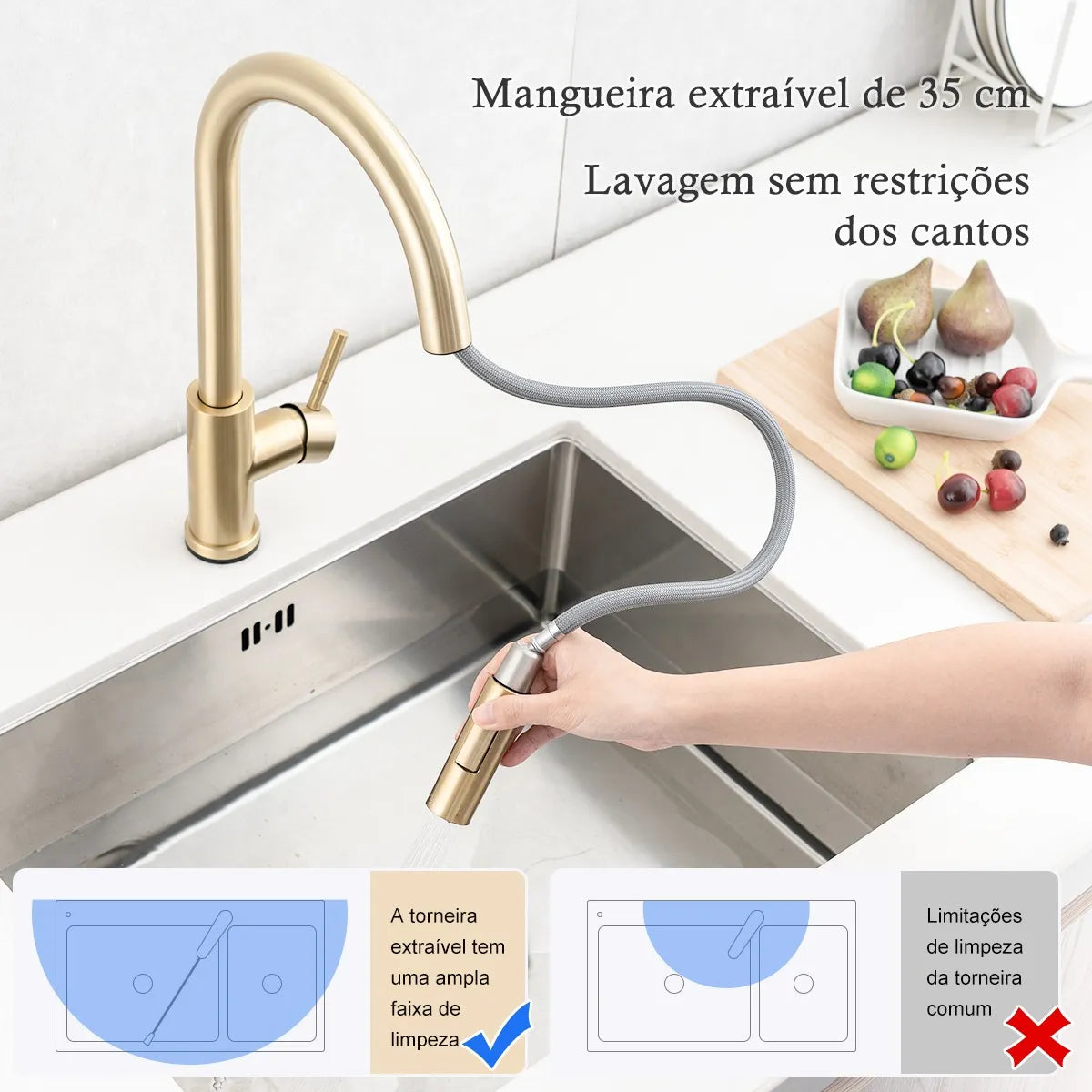 Torneira Para Cozinha Monocomando Com Misturador Dourado Escovado