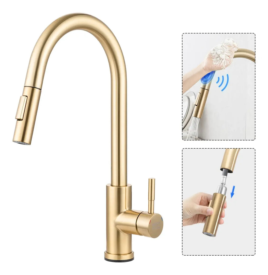 Torneira Para Cozinha Monocomando Com Misturador Dourado Escovado