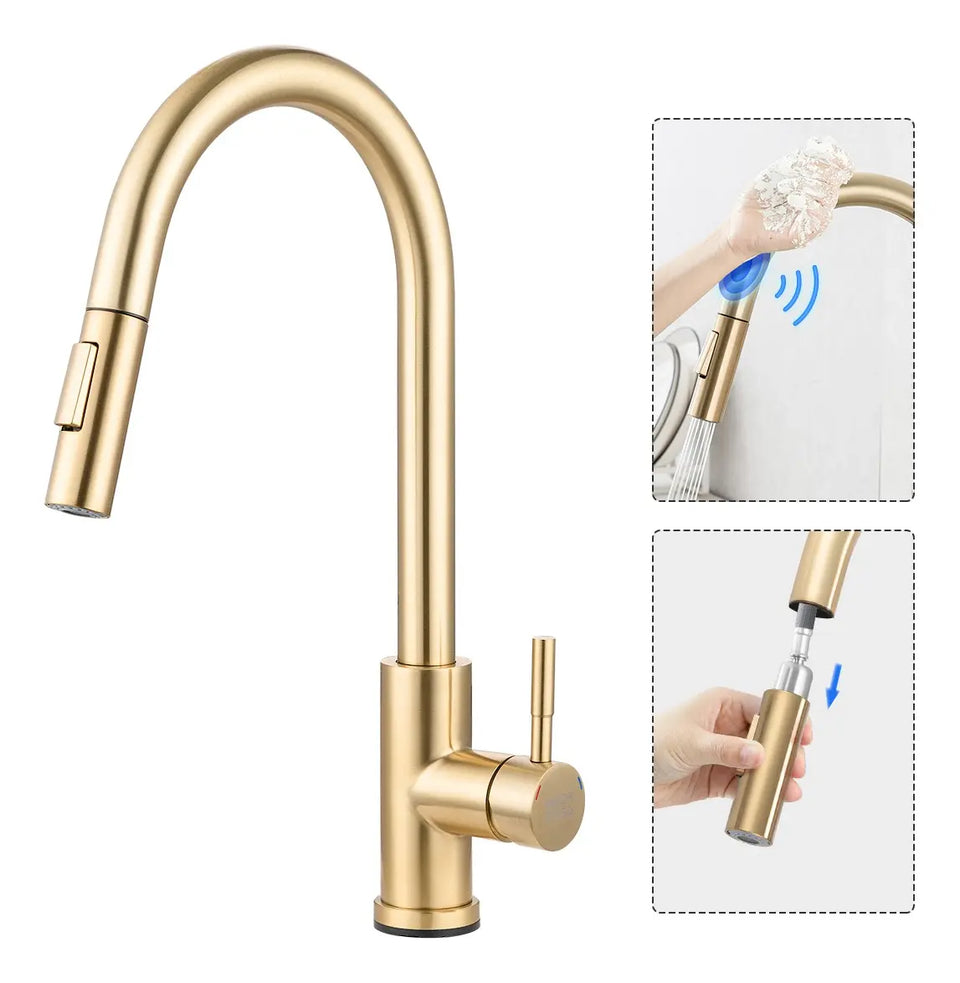 Torneira Para Cozinha Monocomando Com Misturador Dourado Escovado