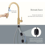 Torneira Para Cozinha Monocomando Com Misturador Dourado Escovado