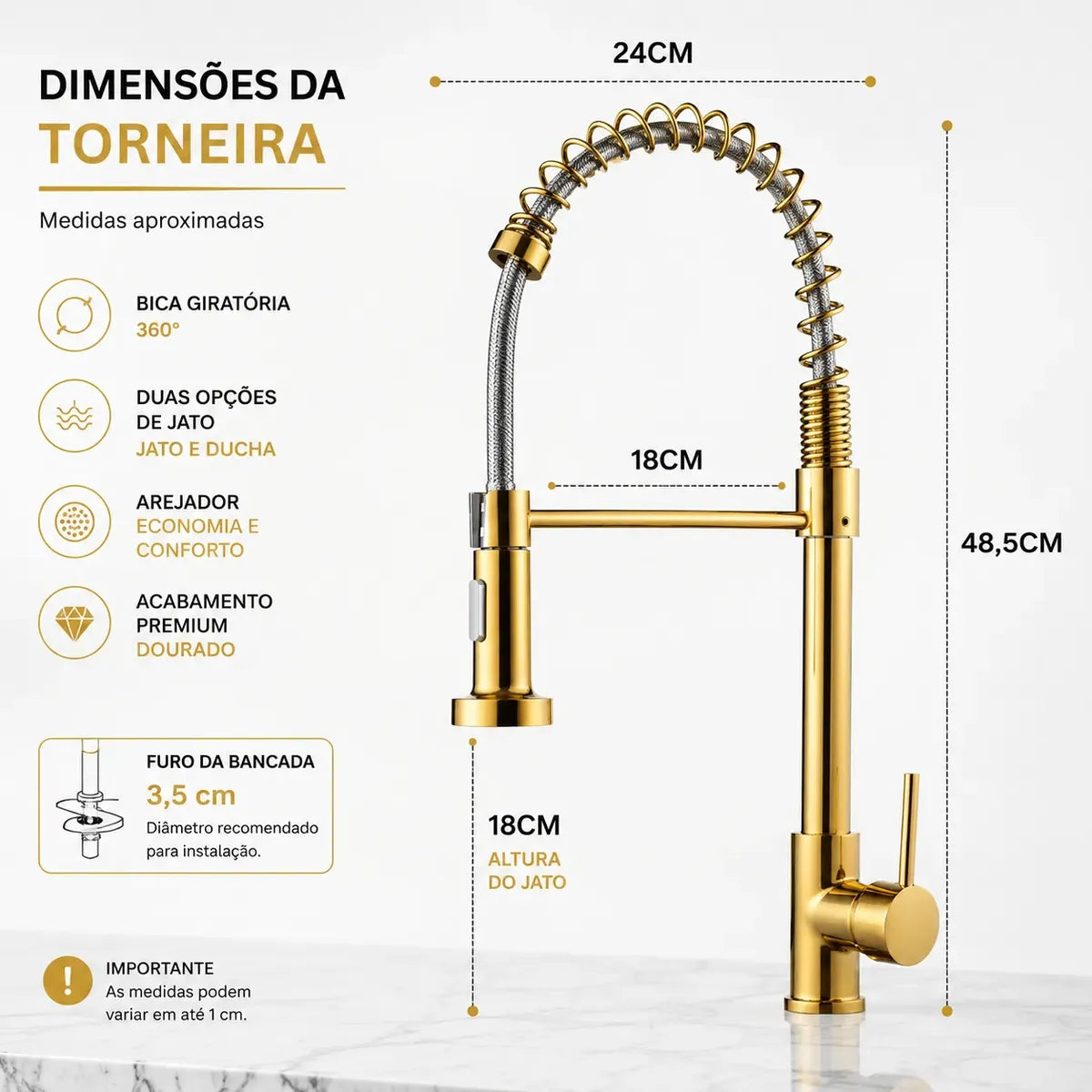 Torneira Gourmet Cozinha com Extensor Dourada Quente e Fria