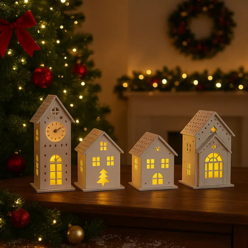 Vila de Natal com 4 Casinhas de MDF Iluminadas