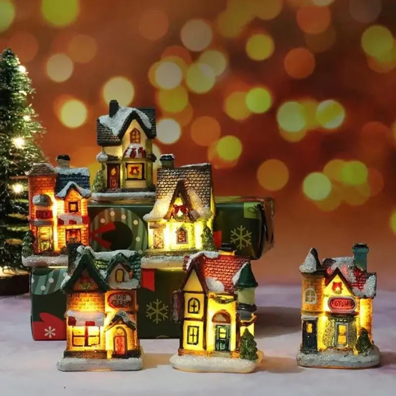 Casas de Natal Iluminadas em Resina para Decoração