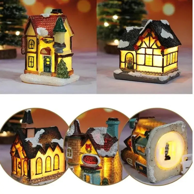 Casas de Natal Iluminadas em Resina para Decoração