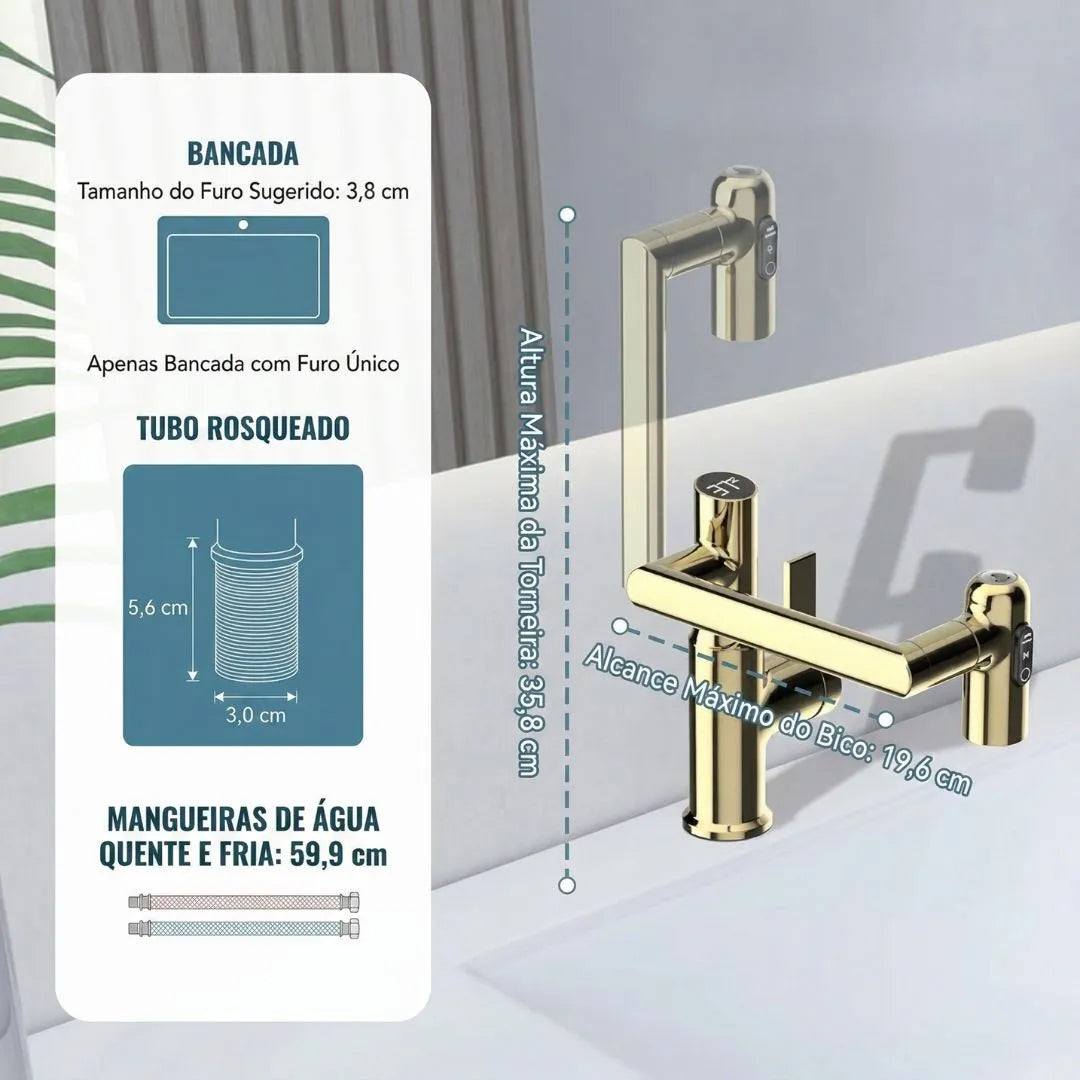 Torneira Monocomando Para Banheiro Com Rotação 360 e Display Digital Modelo Axis Elite