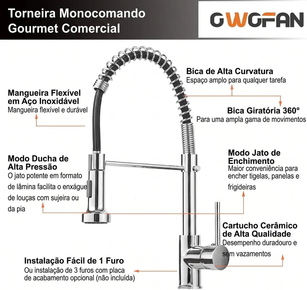 Torneira Gourmet Cozinha com Extensor Cromada Quente e Fria