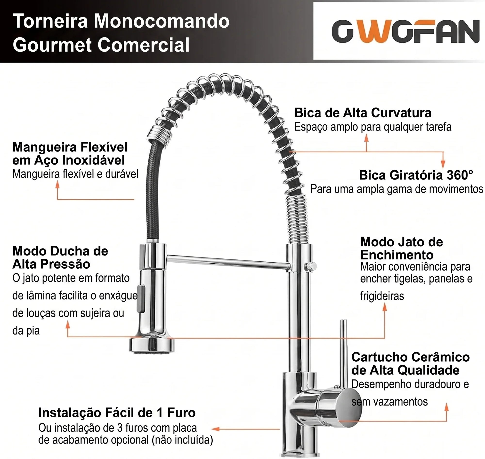Torneira Gourmet Cozinha com Extensor Cromada Quente e Fria