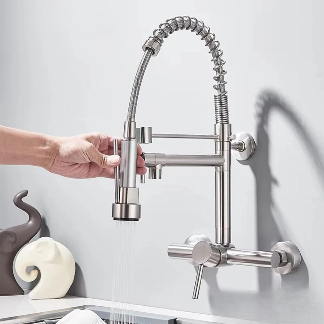 Torneira De Parede Para Cozinha Misturador Pull Out Com Rotação 360° Níquel Escovado