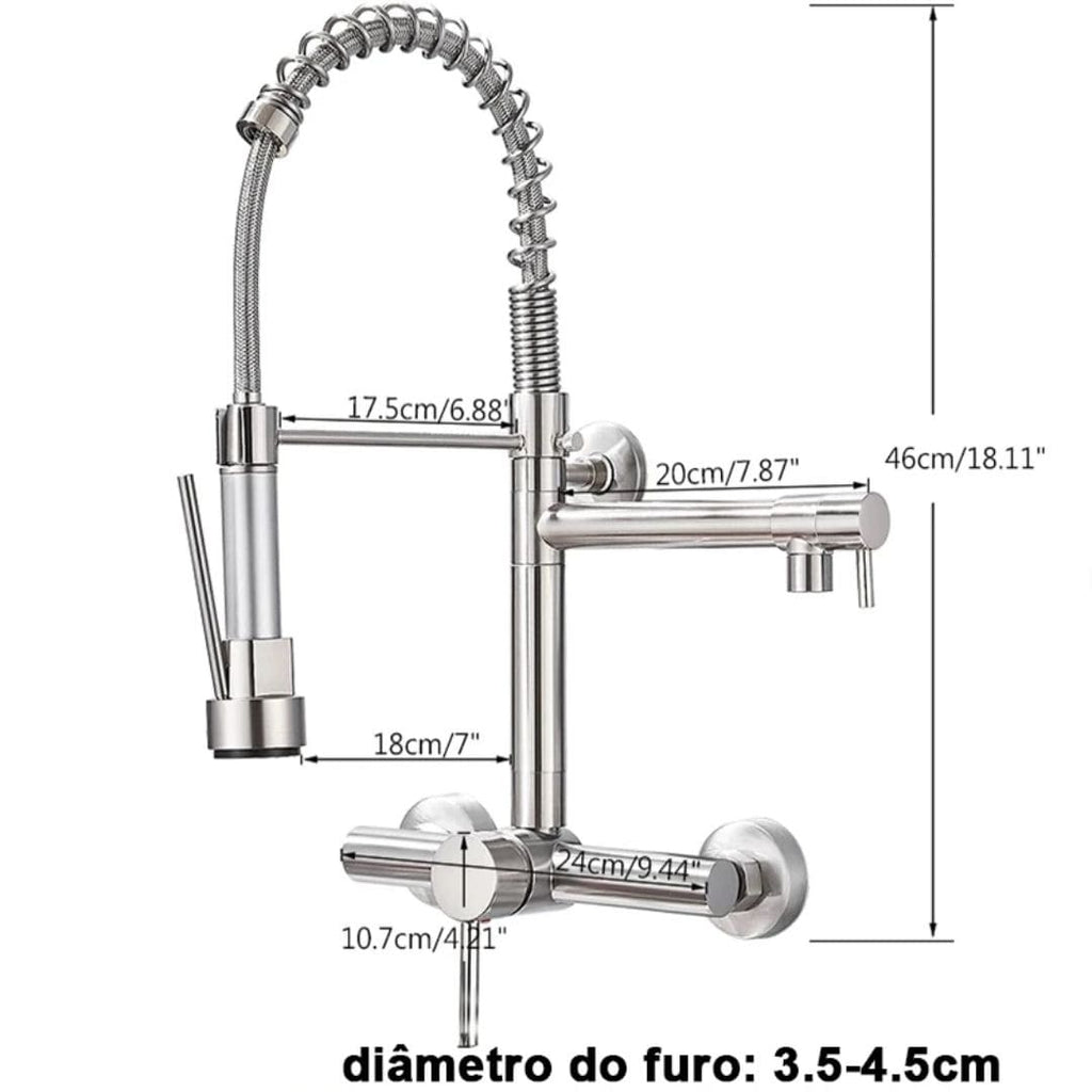 Torneira De Parede Para Cozinha Misturador Pull Out Com Rotação 360° Níquel Escovado