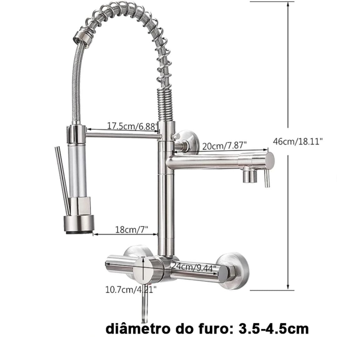 Torneira De Parede Para Cozinha Misturador Pull Out Com Rotação 360° Níquel Escovado