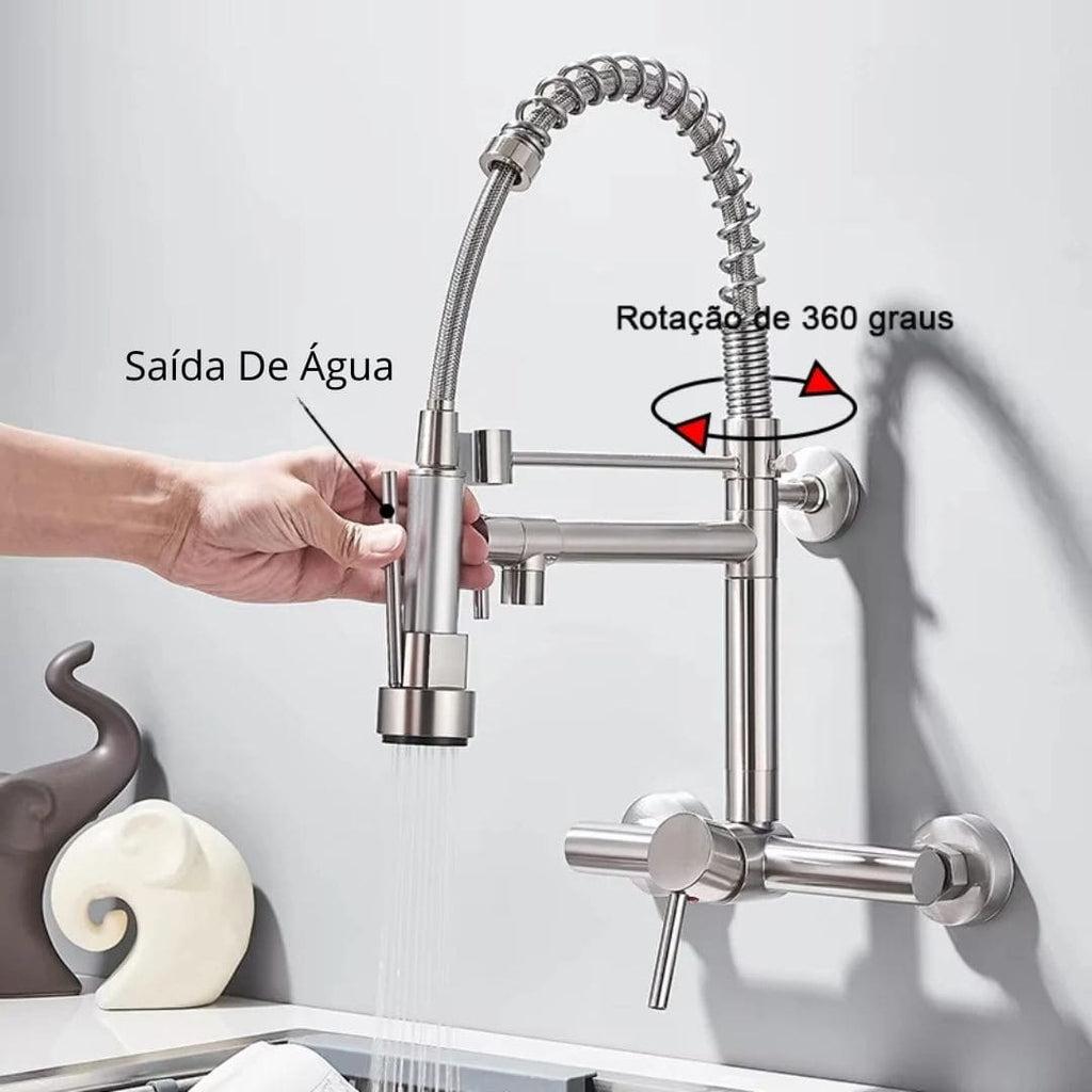 Torneira De Parede Para Cozinha Misturador Pull Out Com Rotação 360° Níquel Escovado