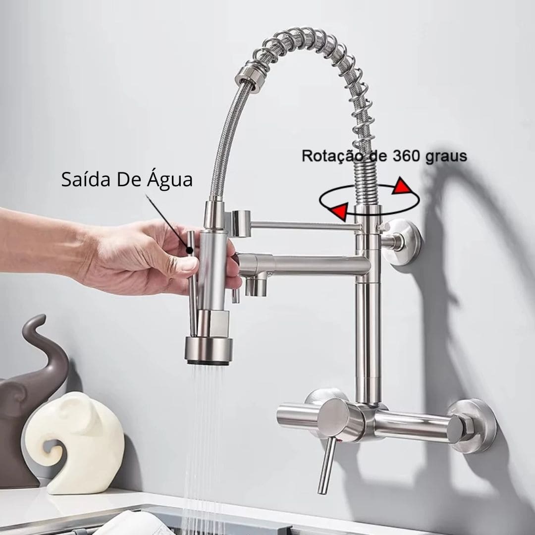 Torneira De Parede Para Cozinha Misturador Pull Out Com Rotação 360° Níquel Escovado