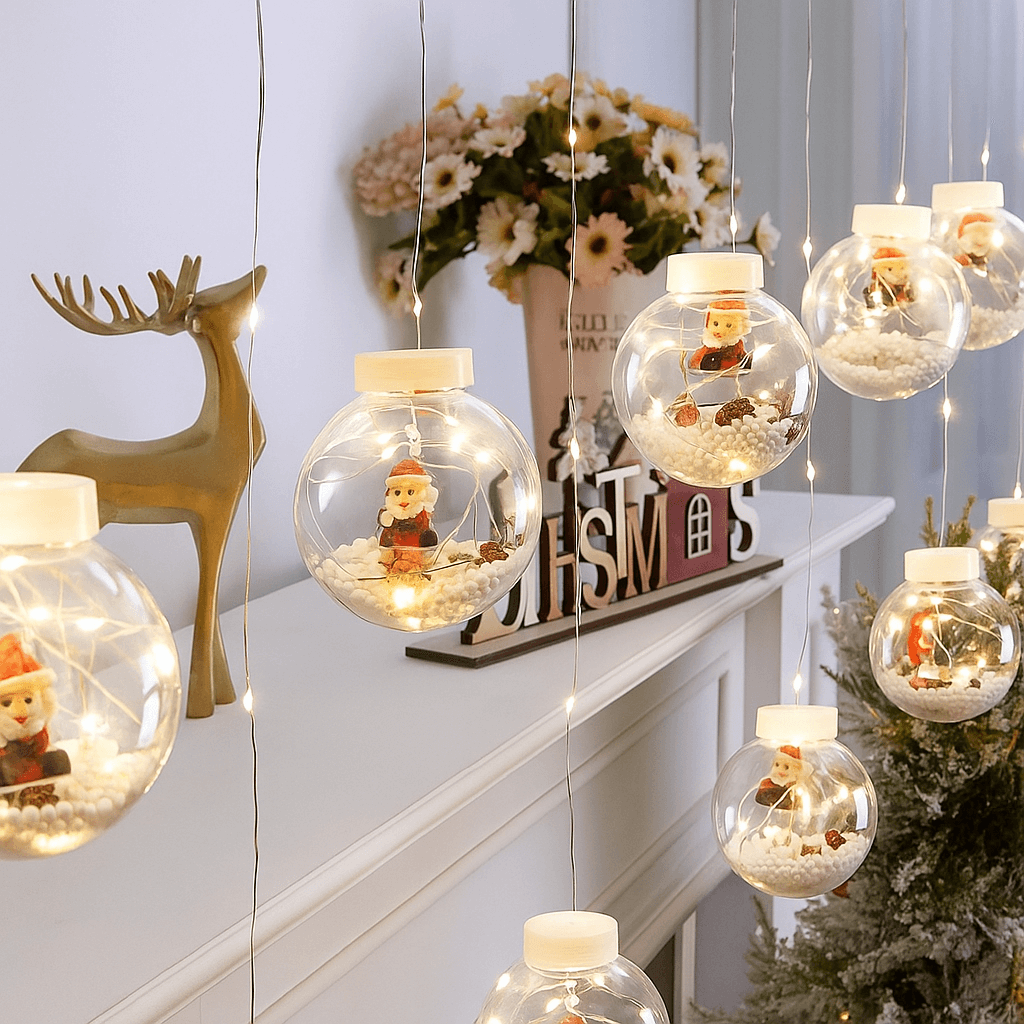 Varal de Luzes de Natal LED com Papai Noel e Boneco de Neve