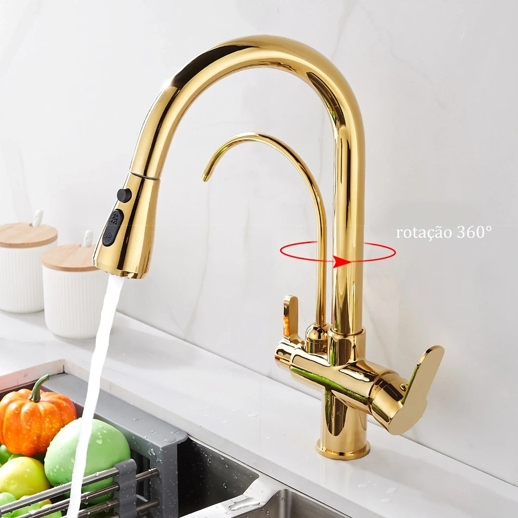 Torneira Gourmet Monocomando com Filtro e Jato Extensível Dourada