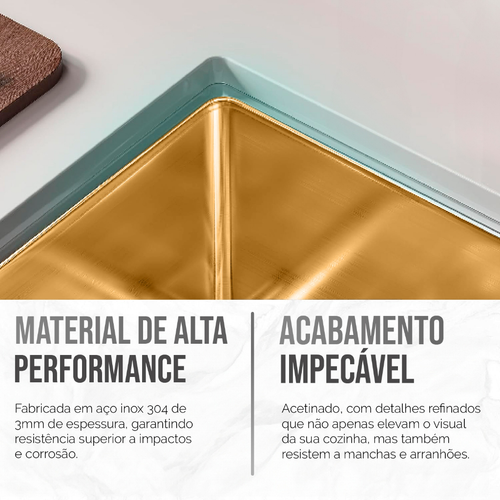 Cuba Para Pia De Cozinha Dupla Aço Inox Kit Torneira Flexível Gourmet Dourada
