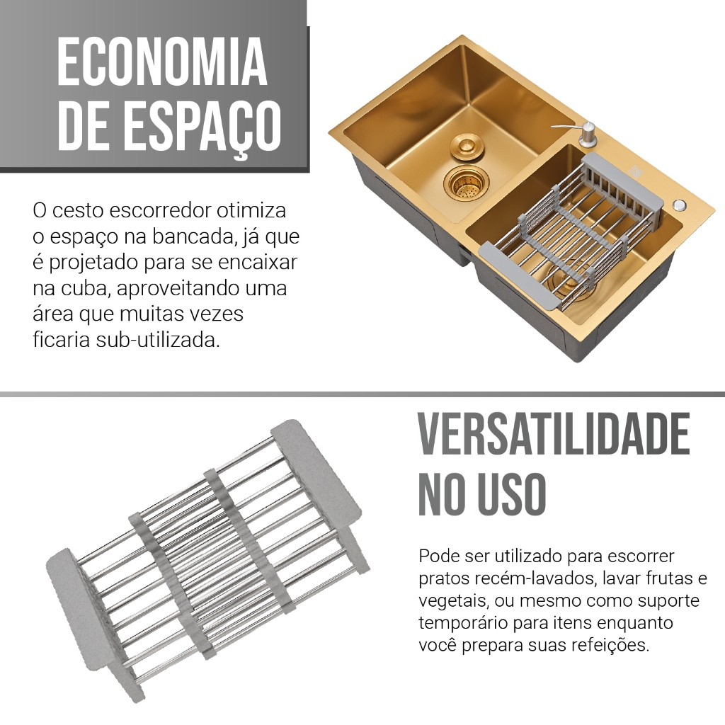 Cuba Para Pia De Cozinha Dupla Aço Inox Kit Torneira Flexível Gourmet Dourada