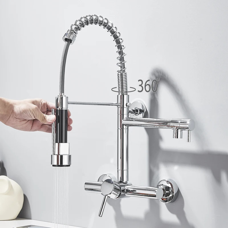 Torneira De Parede Para Cozinha Misturador Pull Out Com Rotação 360° Cromado