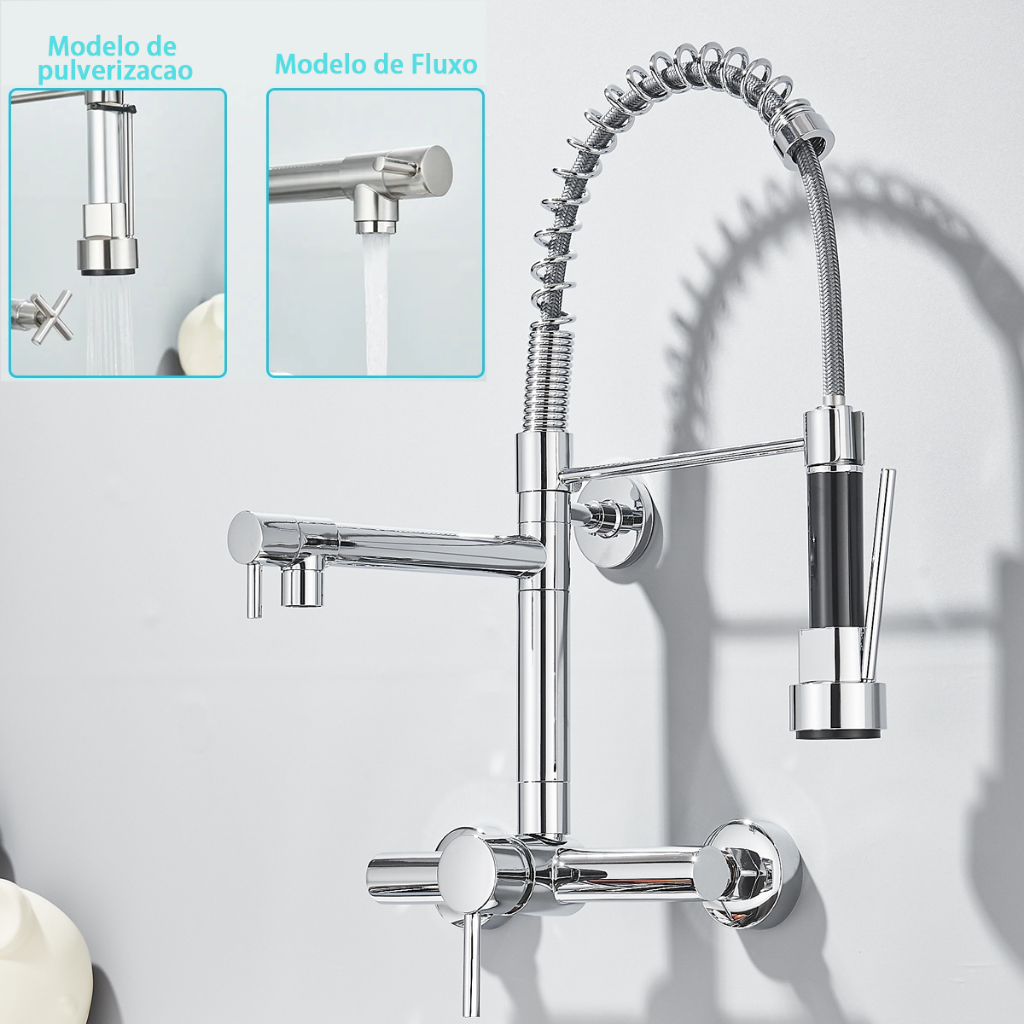 Torneira De Parede Para Cozinha Misturador Pull Out Com Rotação 360° Cromado
