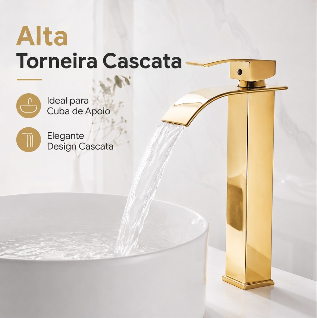 Torneira Banheiro Cascata Alta Metal Inox Monocomando 30cm