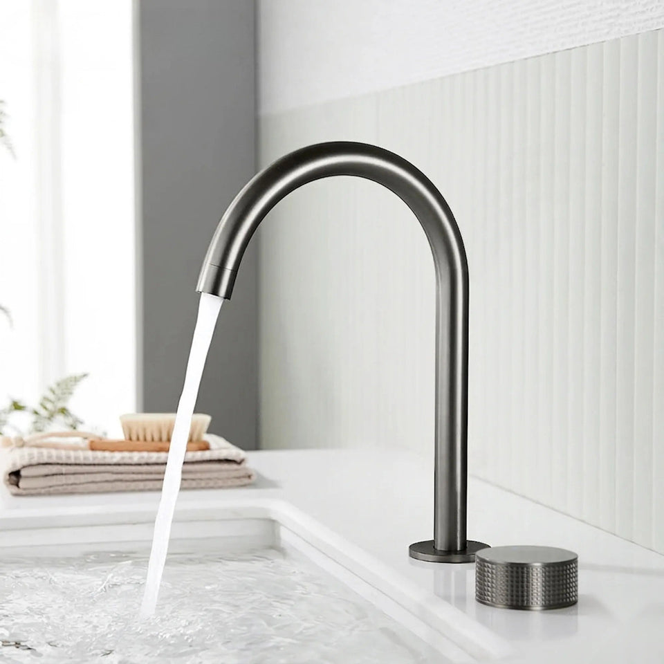 Torneira Misturador Banheiro Cascata Bancada 360° Aço Inox 2 Furos Cinza Fosco