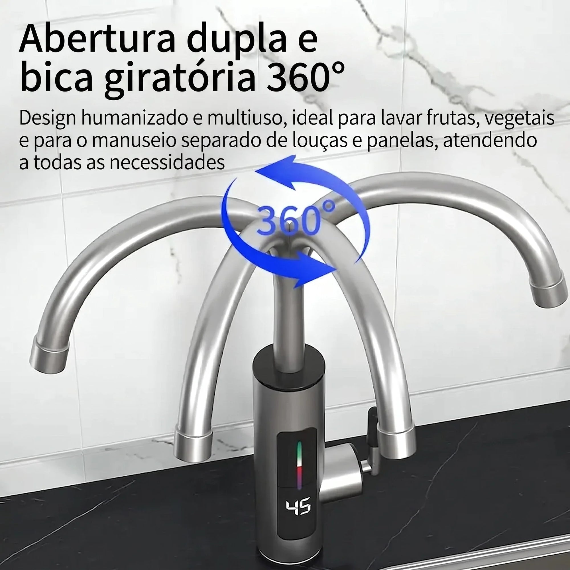Torneira Elétrica Para Cozinha e Banheiro Com Visor de Temperatura Regulagem e Giratória 360° Aço Inoxidável