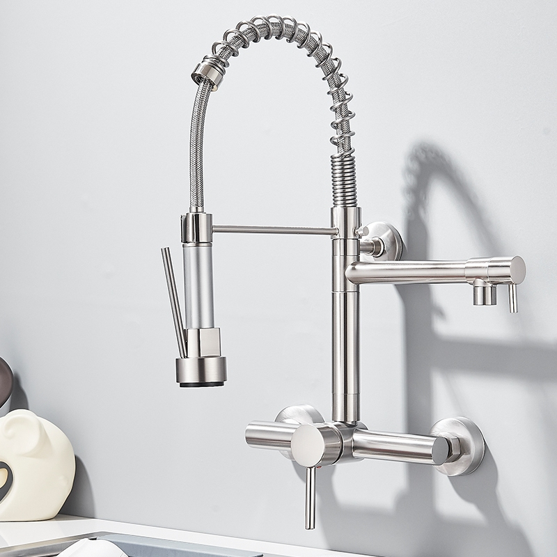 Torneira De Parede Para Cozinha Misturador Pull Out Com Rotação 360° Níquel Escovado