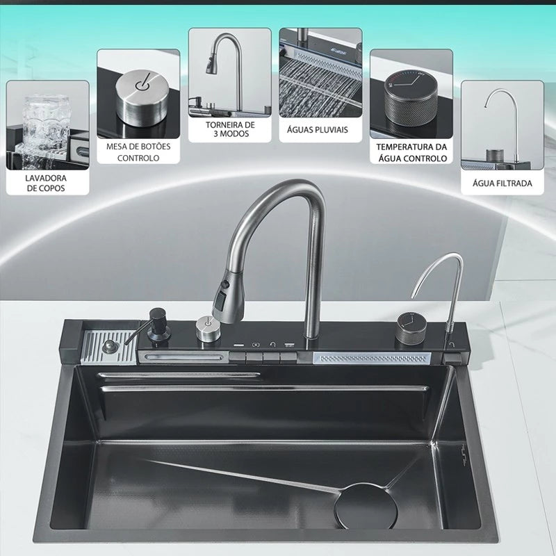 Kit Cuba Cozinha Cascata Gourmet Aço Inox com Torneira Flexível Cinza Preto