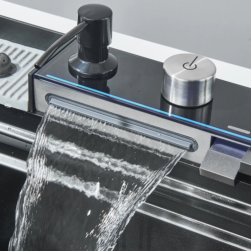Kit Cuba Cozinha Cascata Gourmet Aço Inox com Torneira Flexível Cinza Preto
