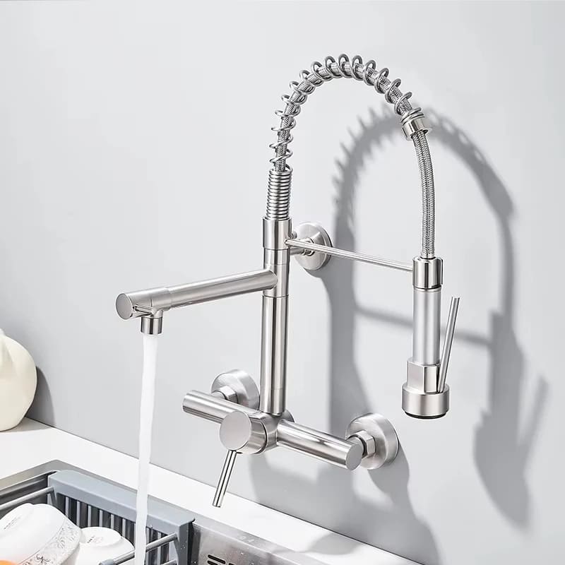 Torneira De Parede Para Cozinha Misturador Pull Out Com Rotação 360° Níquel Escovado